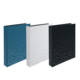 Drei Bücher in verschiedenen Farben (blau, weiß, schwarz) mit einem geometrischen Muster auf der Vorderseite.