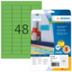 Grüne Etiketten mit der Nummer 48, verpackt in einer transparenten Hülle, mit Informationen zu Software und Anwendung.