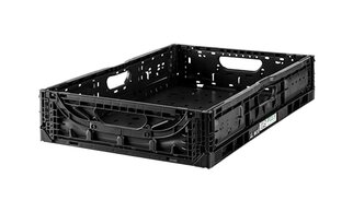 Schwarze Kunststoffbox mit Griffen, geeignet für Lagerung und Transport von Waren. Offen und ohne Inhalt dargestellt.