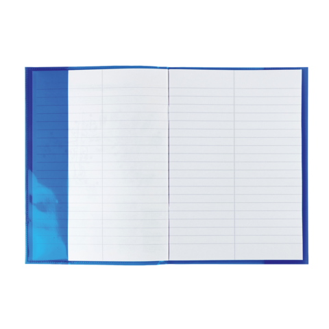 Ein offenes Notizbuch mit leeren, linierten Seiten in einem blauen Einband.