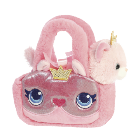 Rosa Plüschhandtasche mit Katzenmotiv, großen blauen Augen und einer kleinen, plüschigen Einhornfigur an der Seite.