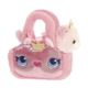 Rosa Plüschhandtasche mit Katzenmotiv, großen blauen Augen und einer kleinen, plüschigen Einhornfigur an der Seite.
