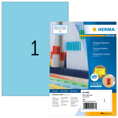 Blaue Etikettenpackung mit der Aufschrift "1" und Informationen zu farbigen Etiketten von Herma, inklusive Softwarehinweis.