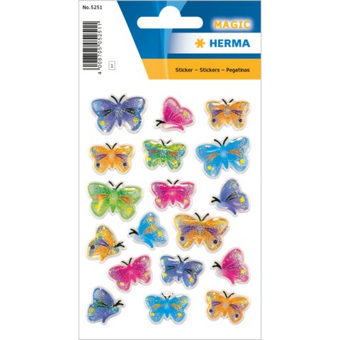 Bunte Schmetterlingsaufkleber in verschiedenen Farben und Designs, angeordnet auf einem weißen Hintergrund.