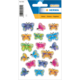 Bunte Schmetterlingsaufkleber in verschiedenen Farben und Designs, angeordnet auf einem weißen Hintergrund.