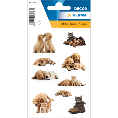 Aufkleber mit verschiedenen Hunden und einer Katze, die in verschiedenen Posen dargestellt sind, darunter spielende und schlafende Tiere.