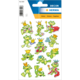 Bunte Aufkleber von Fröschen in verschiedenen Posen, einige tragen Kronen und Umhänge, andere halten Blumen oder Trophäen.