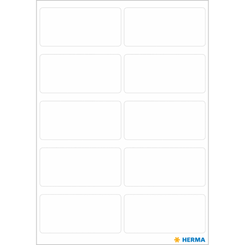 Leere Etikettenblätter mit zehn rechteckigen Feldern, geeignet für Beschriftungen oder Aufkleber. Hersteller: HERMA.