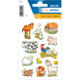 Bunte Aufkleber mit verschiedenen Tieren wie Pferd, Gans, Kuh, Huhn, Schwein und Schaf, umgeben von Blumen und einem kleinen Haus.