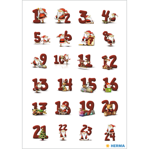 Adventskalender mit Zahlen von 1 bis 24, jede Zahl zeigt einen Weihnachtsmann oder festliche Motive.