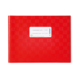 Rotes Notizbuch mit einem strukturierten Muster und einem weißen Etikett, das den Namen "HERMA" trägt.