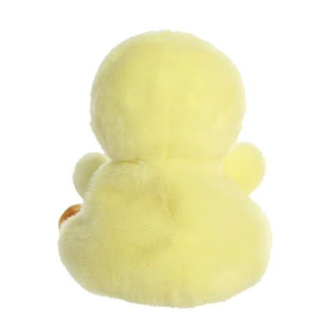Gelbes, plüschiges Entchen von hinten, mit runder Form und weichem Fell. Ideal für Kinder oder als Dekoration.