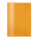 Ein orangefarbenes, glänzendes Buch oder Heft, das aufrecht steht.