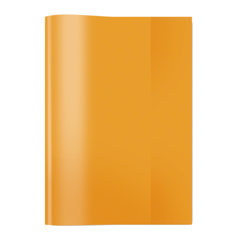 Ein orangefarbenes, glänzendes Buch oder Heft, das aufrecht steht.