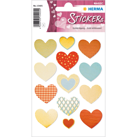 Bunte Herzaufkleber in verschiedenen Farben und Mustern, darunter rot, blau und gelb, mit goldener Prägung.