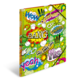 Bunte Comic-Illustrationen mit Ausdrücken wie "WOW", "BANG", "YEAH" und "OH YES" auf einem grünen Hintergrund.