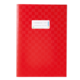 Rotes Notizbuch mit einem weißen Etikett auf der Vorderseite, das Platz für einen Namen und eine Beschreibung bietet.