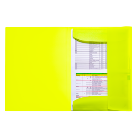 Gelbe Kunststoffmappe mit einem Dokument, das Tabellen und Daten enthält, sichtbar durch die transparente Vorderseite.