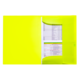 Gelbe Kunststoffmappe mit einem Dokument, das Tabellen und Daten enthält, sichtbar durch die transparente Vorderseite.