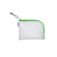 Transparente Tasche mit grünem Reißverschluss, geeignet für Aufbewahrung von Kleinigkeiten oder Reiseutensilien.