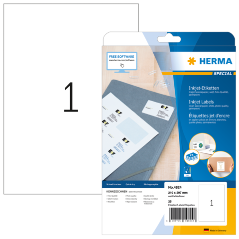 Packung mit 25 Inkjet-Etiketten von HERMA, Größe 210 x 297 mm, inklusive Softwarehinweis für die Nutzung.