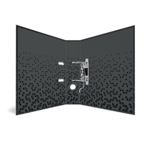 Schwarze Trennwand mit geometrischem Muster und einem Türmechanismus in der Mitte. Ideal für Raumteilung oder als Sichtschutz.