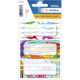 Bunte Etiketten in verschiedenen Designs auf einer Verpackung, geeignet für Beschriftungen und Organisation. Enthält mehrere Etiketten.