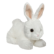 Weißes Plüschkaninchen mit langen Ohren und großen Augen, in einer liegenden Position.
