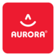 Logo von Aurora auf rotem Hintergrund mit einem lächelnden Symbol und dem Schriftzug "AURORA".