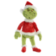 Grüner Plüschgrinch in Weihnachtsmannkostüm mit rotem Pullover und Mütze, steht aufrecht mit einem schelmischen Gesichtsausdruck.
