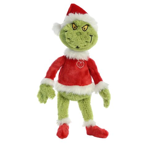 Grüner Plüschgrinch in Weihnachtsmannkostüm mit rotem Pullover und Mütze, steht aufrecht mit einem schelmischen Gesichtsausdruck.