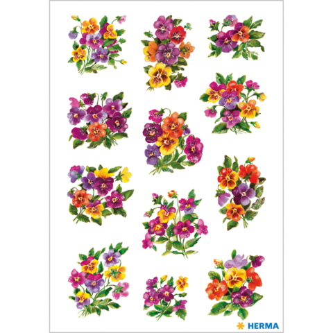 Bunte Blumenmuster mit Veilchen in verschiedenen Farben, angeordnet in einem Raster auf weißem Hintergrund.