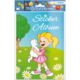 Ein Mädchen in einem rosa Kleid umarmt eine weiße Katze auf dem Cover eines Sticker-Albums mit bunten Illustrationen.