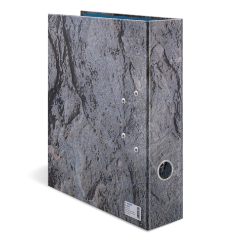 Ein grauer Ordner mit einer strukturierten Oberfläche und einem runden Ausschnitt an der Seite.