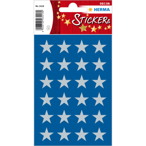 Blauer Stickerbogen mit 24 weißen Sternen in verschiedenen Positionen. Verpackt unter der Marke Herma.