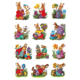 Bunte Illustrationen von Hasen, die Ostereier bemalen, Blumen pflücken und Ostern feiern, umgeben von frühlingshaften Pflanzen und Farben.