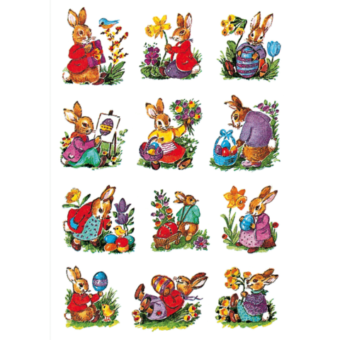 Bunte Illustrationen von Hasen, die Ostereier bemalen, Blumen pflücken und Ostern feiern, umgeben von frühlingshaften Pflanzen und Farben.