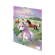 Eine Gruppe von Pferden, darunter ein weißes Pferd mit lila Mähne, grast in einer blühenden Wiese unter einem farbenfrohen Himmel.