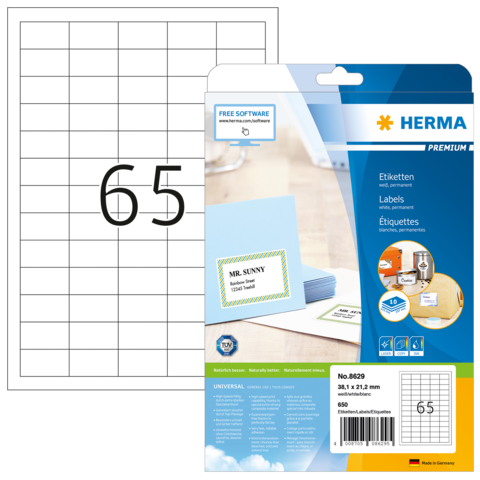 Etikettenpackung von Herma mit 65 Etiketten, inklusive Beispieletikett für "MR. SUNNY" und Informationen zur Software.