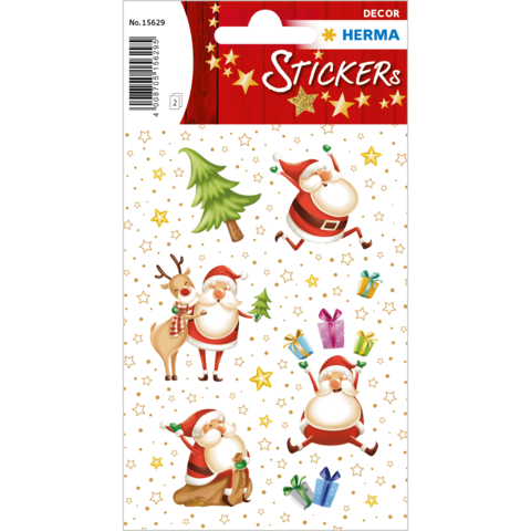 Weihnachtliche Aufkleber mit verschiedenen Santa Claus Motiven, einem Rentier, einem Weihnachtsbaum und Geschenken.