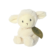 Weiches, plüschiges Schaf mit großen Ohren und einem kleinen Gesicht, das an einem grünen Etikett hängt.