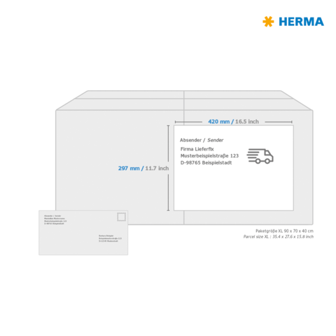 Versandkarton mit Abmessungen 420 mm x 297 mm. Enthält Absenderinformationen und eine Grafik eines Lieferwagens.