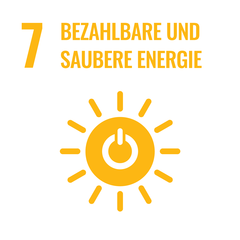 Zahl 7: Bezahlbare und saubere Energie, dargestellt durch ein gelbes Symbol mit einem Energieknopf und Sonnenstrahlen.