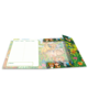 Ein offenes Notizbuch mit bunten Tierillustrationen und Platz für Notizen, umgeben von Blumen und Pflanzen.