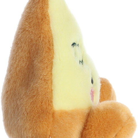 Plüschfigur in Form eines Stücks Käse mit braunem Rand und gelber Mitte, zeigt ein einfaches Gesicht mit Augen und Mund.