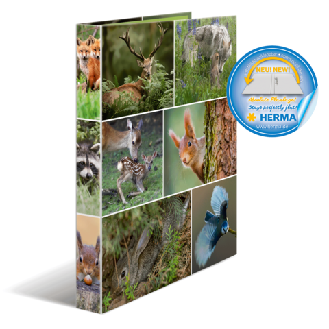 Ordner mit verschiedenen Wildtieren, darunter Füchse, Rehe, Eichhörnchen und Vögel, in einer Collage angeordnet.