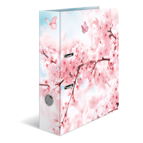Ein Ordner mit einem Design aus rosa Kirschblüten und Schmetterlingen auf einer hellen Hintergrundfarbe.
