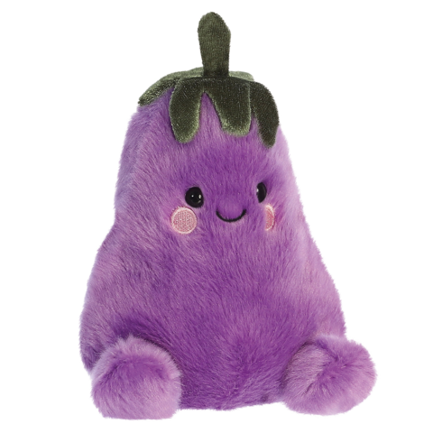 Lila Plüschfigur in Form einer Aubergine mit einem lächelnden Gesicht und grünen Blättern oben.
