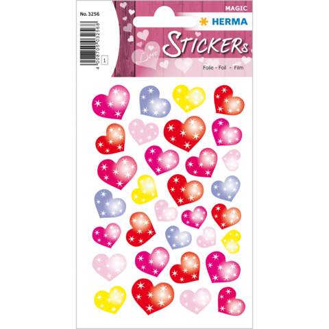 Bunte Herzaufkleber in verschiedenen Farben und Größen, verziert mit Glitzer und Sternen, auf einem Bogen präsentiert.