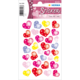 Bunte Herzaufkleber in verschiedenen Farben und Größen, verziert mit Glitzer und Sternen, auf einem Bogen präsentiert.